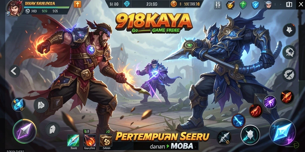 Screenshot gameplay 918KAYA menampilkan aksi pertempuran MOBA yang seru.
