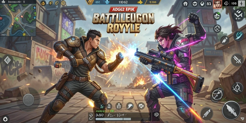 Screenshot gameplay menampilkan aksi Battle Royale yang mendebarkan.