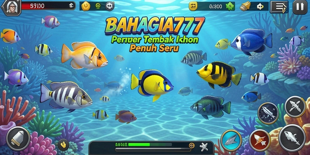 Tangkapan layar utama BAHAGIA777 menampilkan aksi seru tembak ikan.