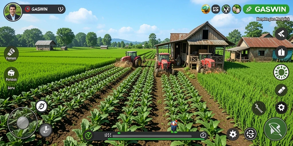 Tampilan gameplay interaktif dalam GASWIN dengan pengelolaan pertanian.