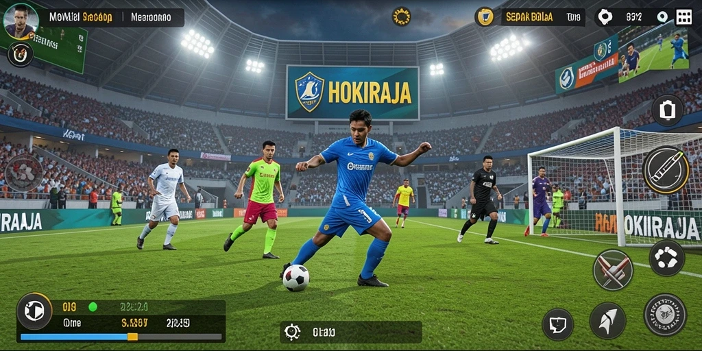 Tampilan gameplay seru HOKIRAJA di lapangan sepak bola.