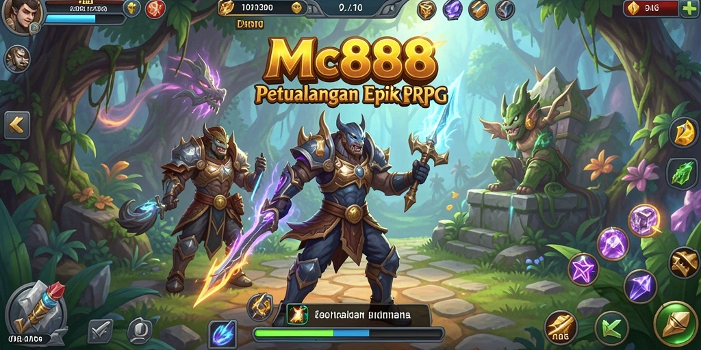 Screenshot utama MC888 menunjukkan pertarungan dramatis di dunia RPG yang luas.