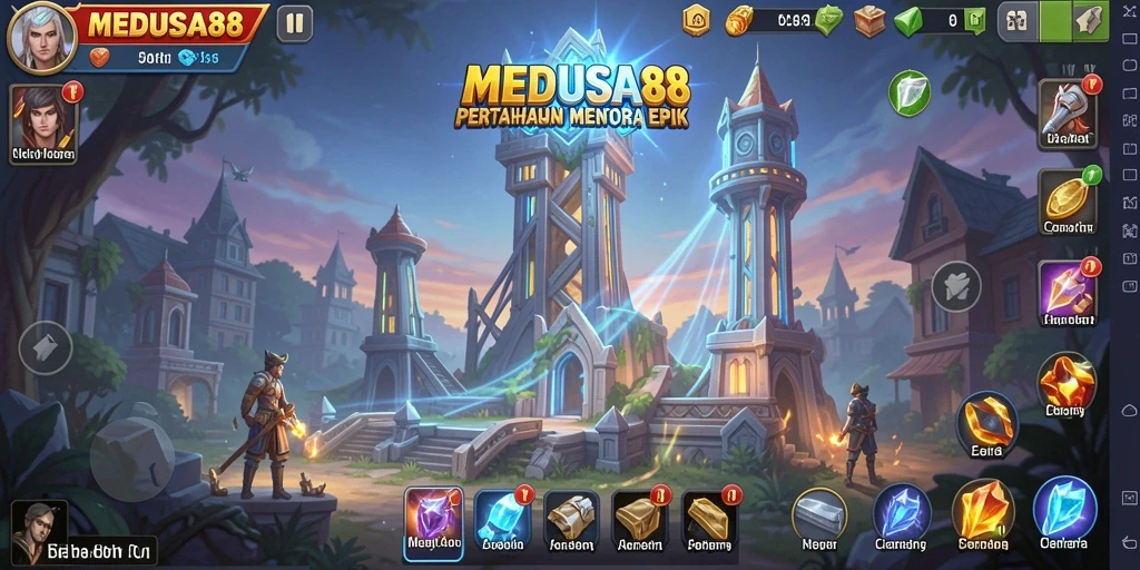 Tampilan gameplay menawan dalam MEDUSA88 menunjukkan pertahanan menara yang epik.