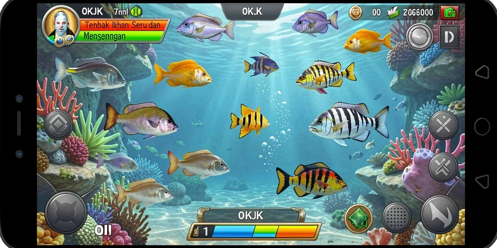 Tampilan gameplay seru di OKJK dengan berbagai jenis ikan.