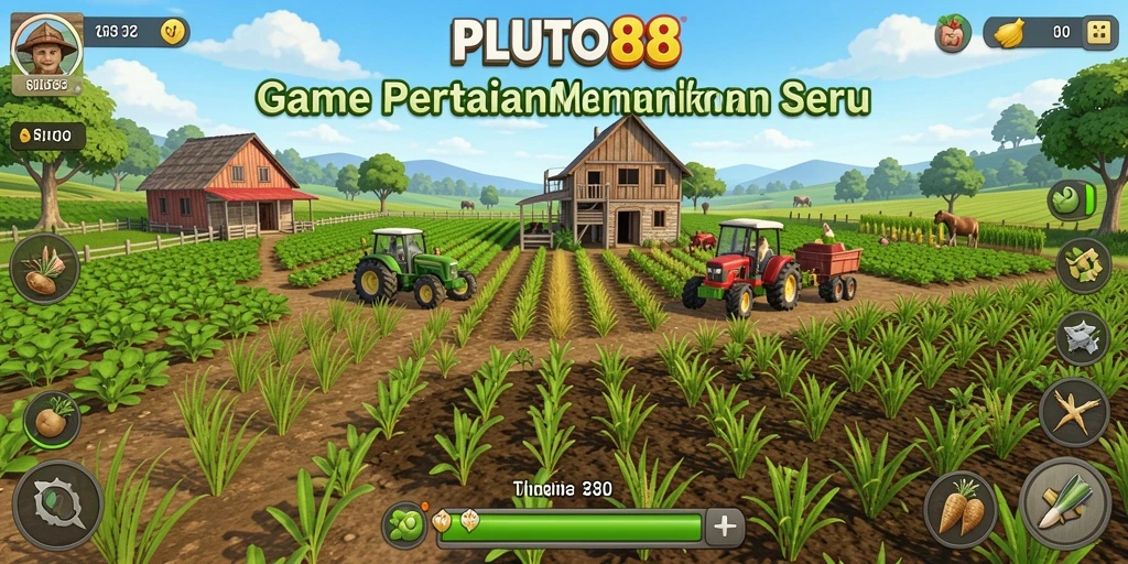Screenshot gameplay PLUTO88 menunjukkan keindahan ladang pertanian yang kaya.