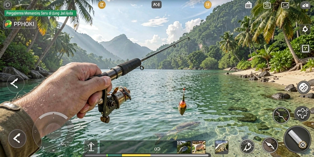 Gameplay PPHOKI dengan berbagai lokasi dan ikan menarik.