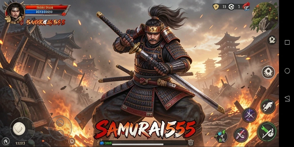 Tangkapan layar dari gameplay seru SAMURAI555, menunjukkan aksi pertarungan yang mendebarkan.
