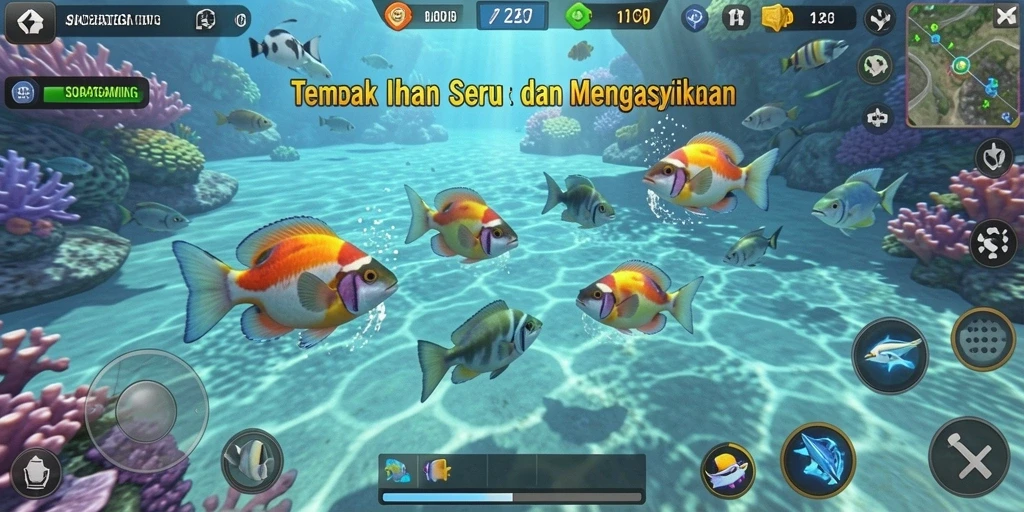 Tangkapan layar menampilkan aksi menembak ikan yang seru.