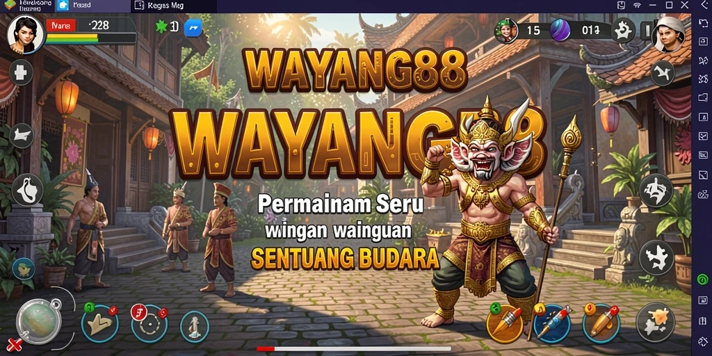 Screenshot utama menunjukkan gameplay seru WAYANG88 dengan karakter wayang.
