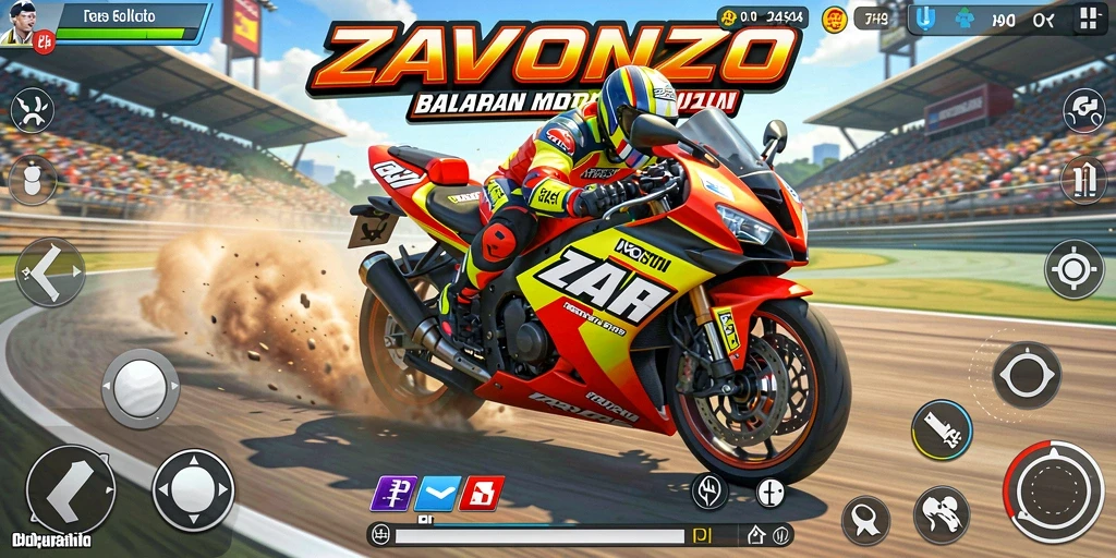 Screenshot game ZAVONZO menampilkan balapan motor yang intens dan mendebarkan.
